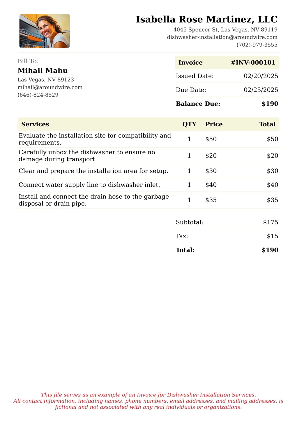 Sample of a Dishwasher Installation services invoice