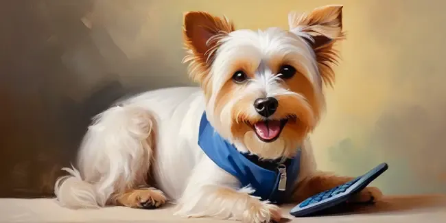 Dog Grooming holding a basic calculator