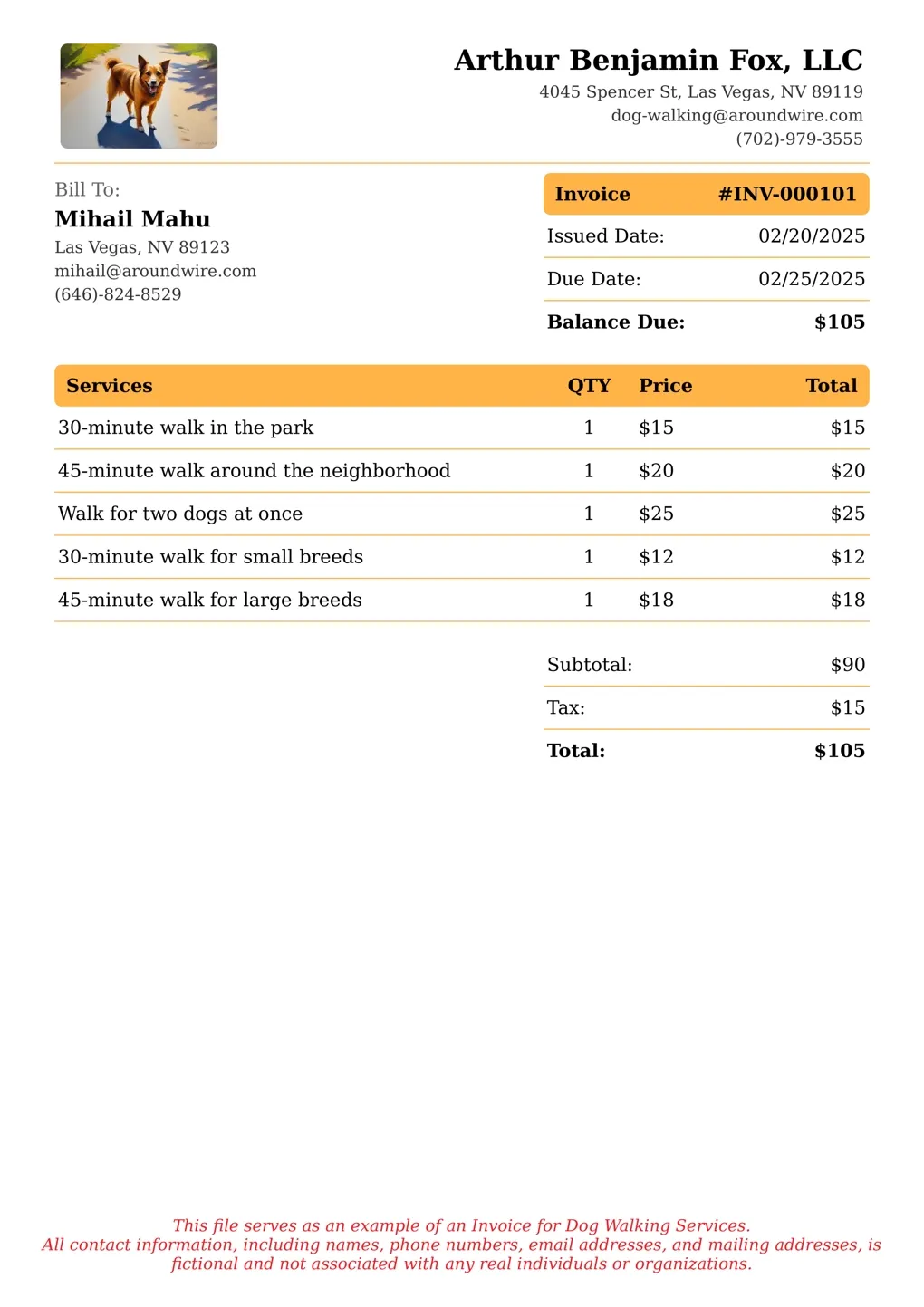 Sample of a Dog Walking services invoice