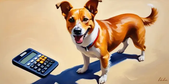Dog Walking holding a basic calculator