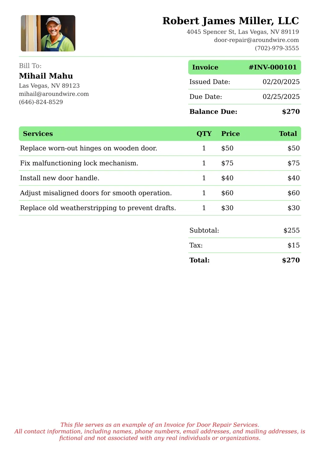 Sample of a Door Repair services invoice
