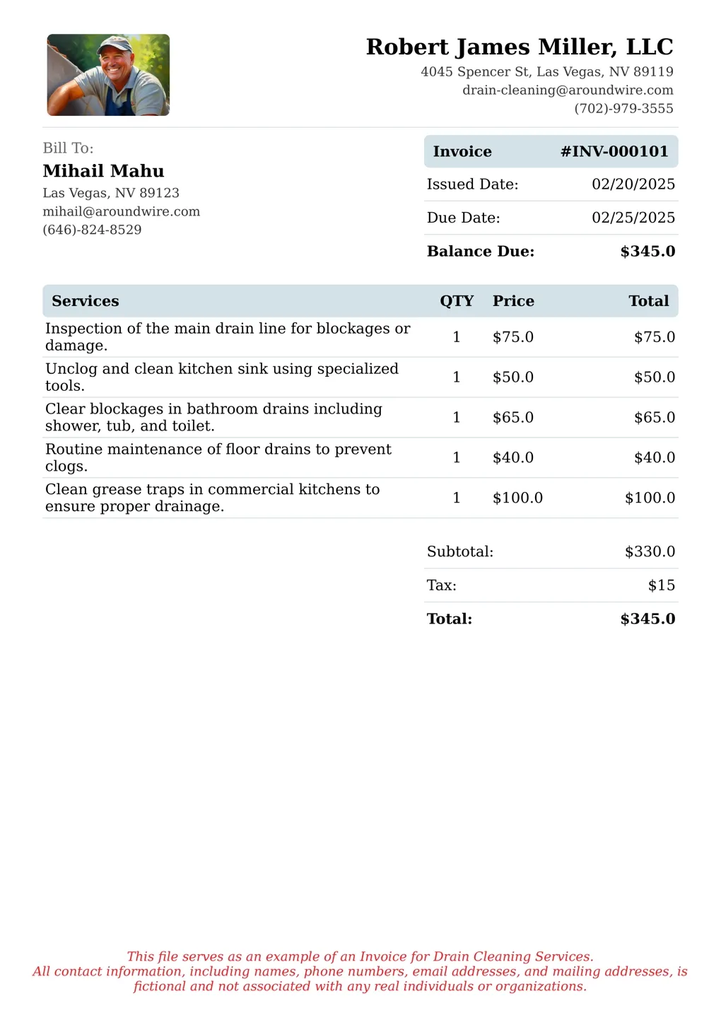 Sample of a Drain Cleaning services invoice