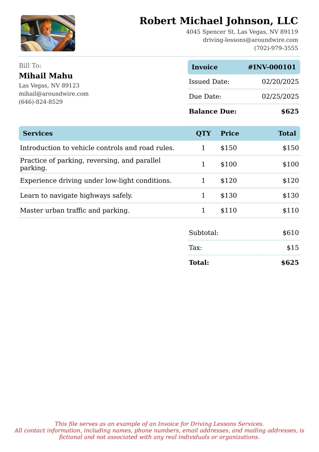 Sample of a Driving Lessons services invoice