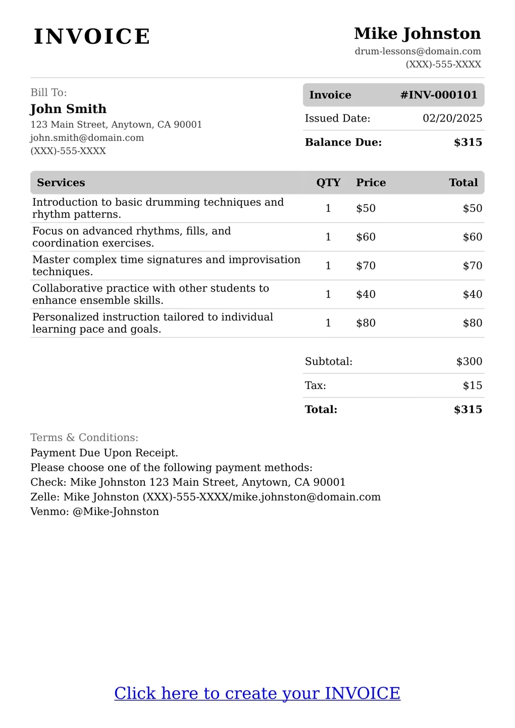 Sample of a Drum Lessons services invoice