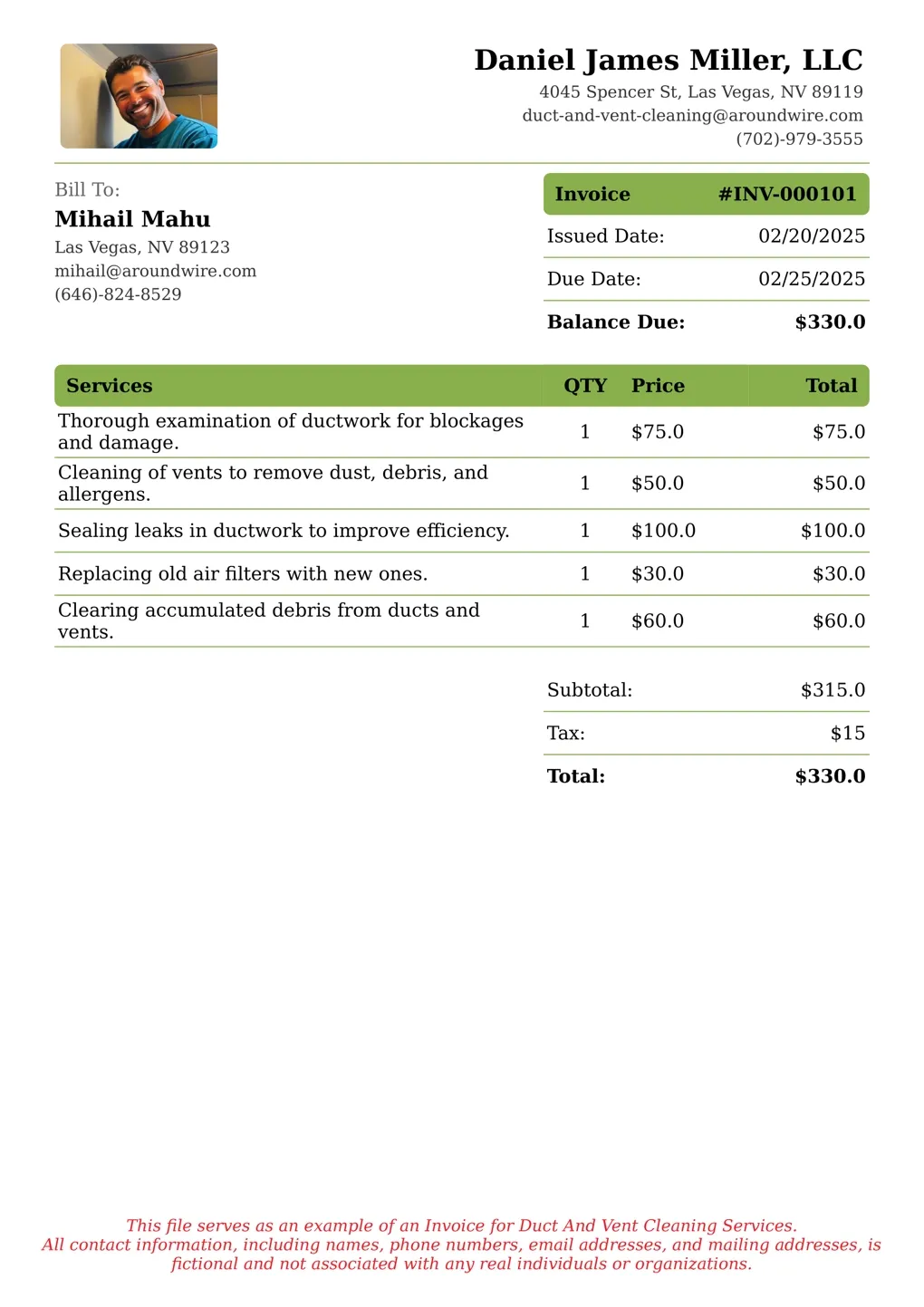 Sample of a Duct And Vent Cleaning services invoice