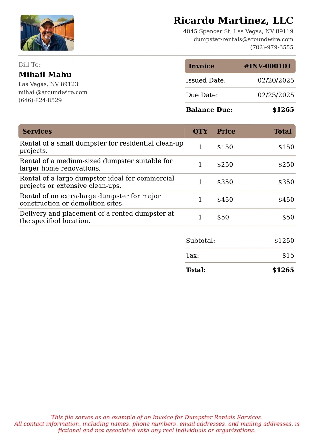 Sample of a Dumpster Rentals services invoice