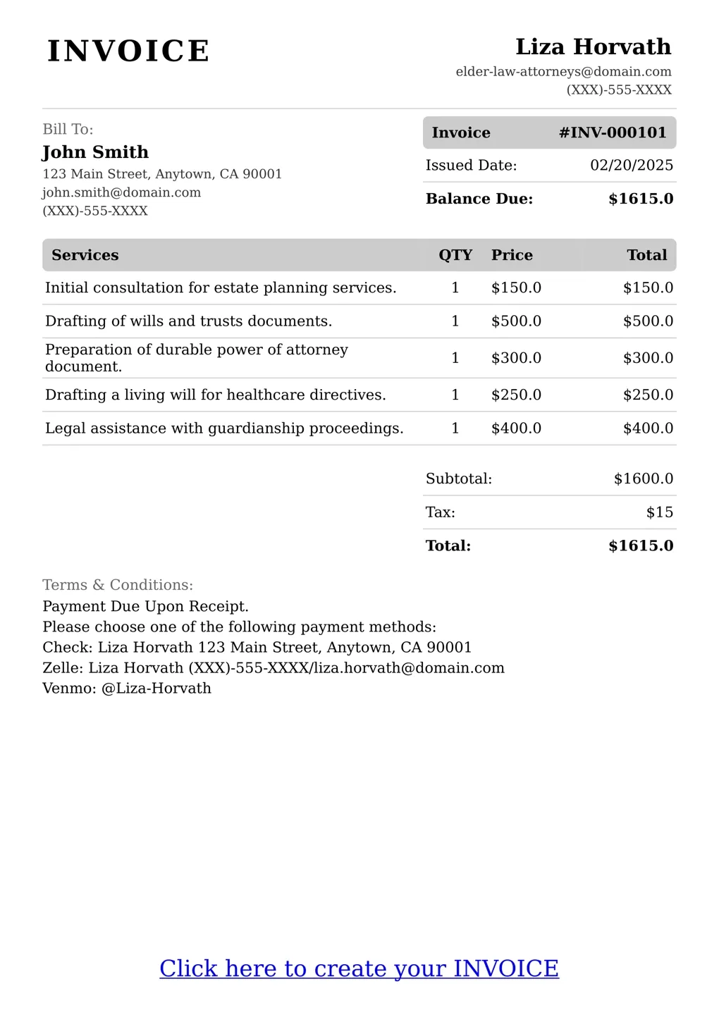 Sample of a Elder Law Attorneys services invoice