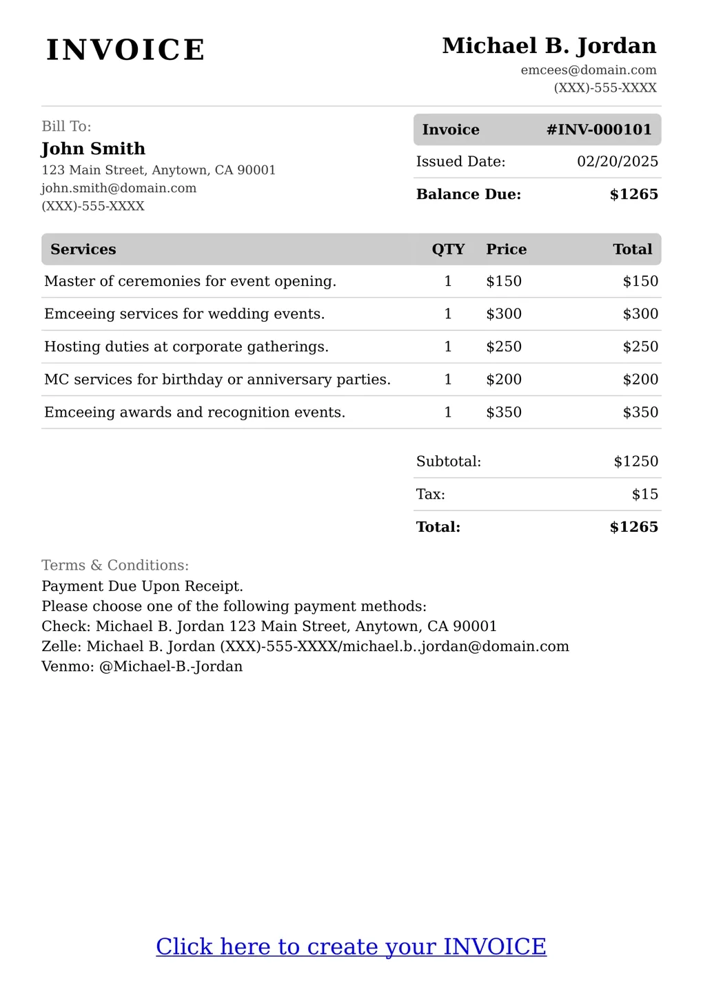 Sample of a Emcees services invoice