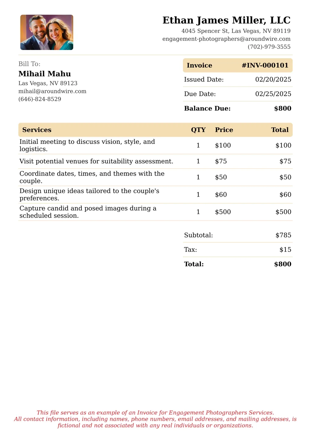 Sample of a Engagement Photographers services invoice