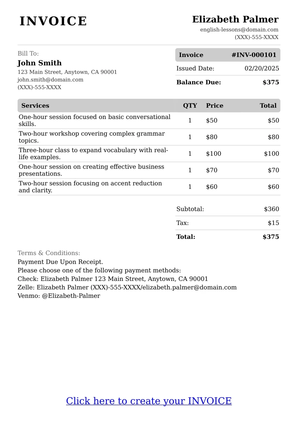 Sample of a English Lessons services invoice