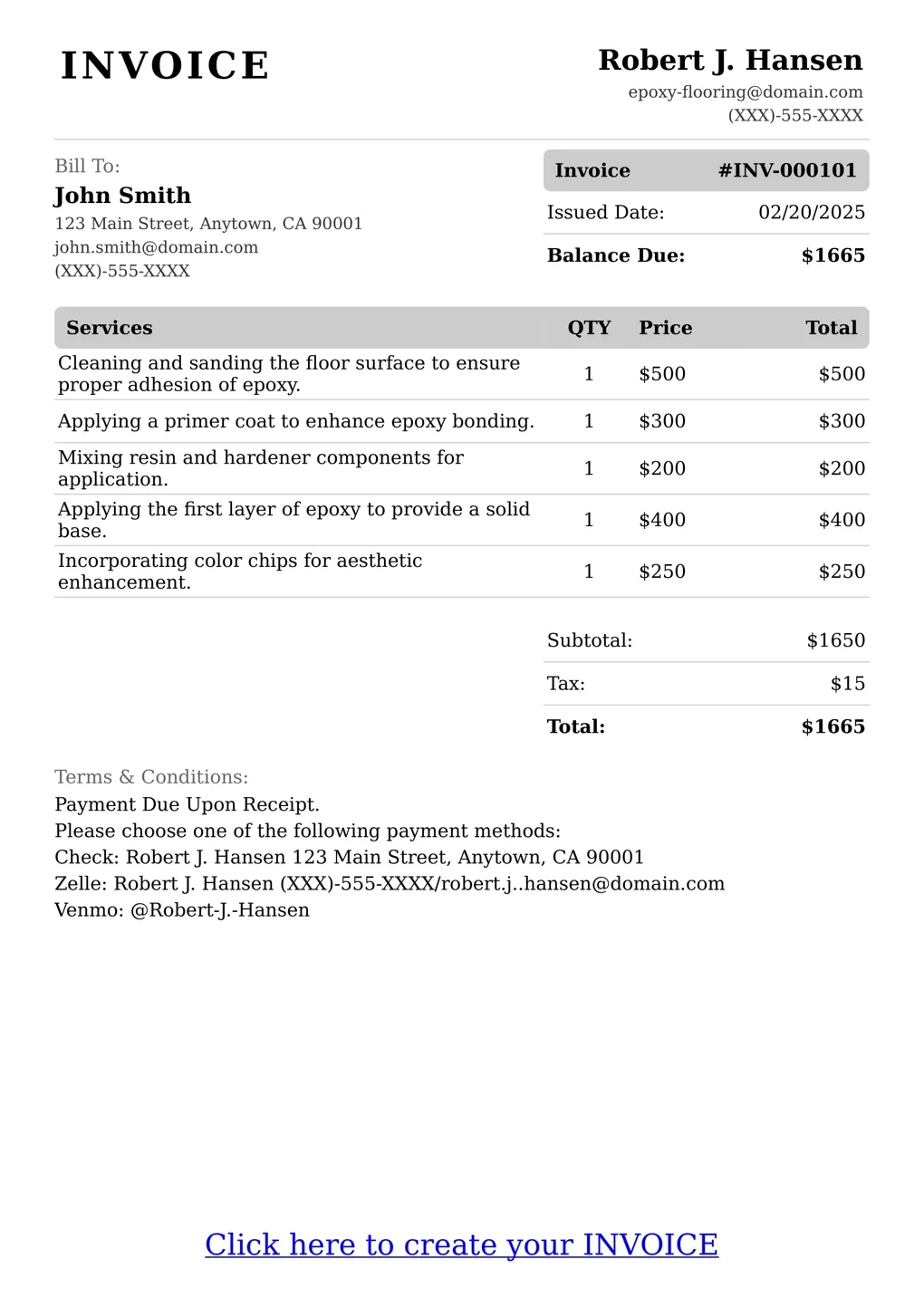 Sample of a Epoxy Flooring services invoice