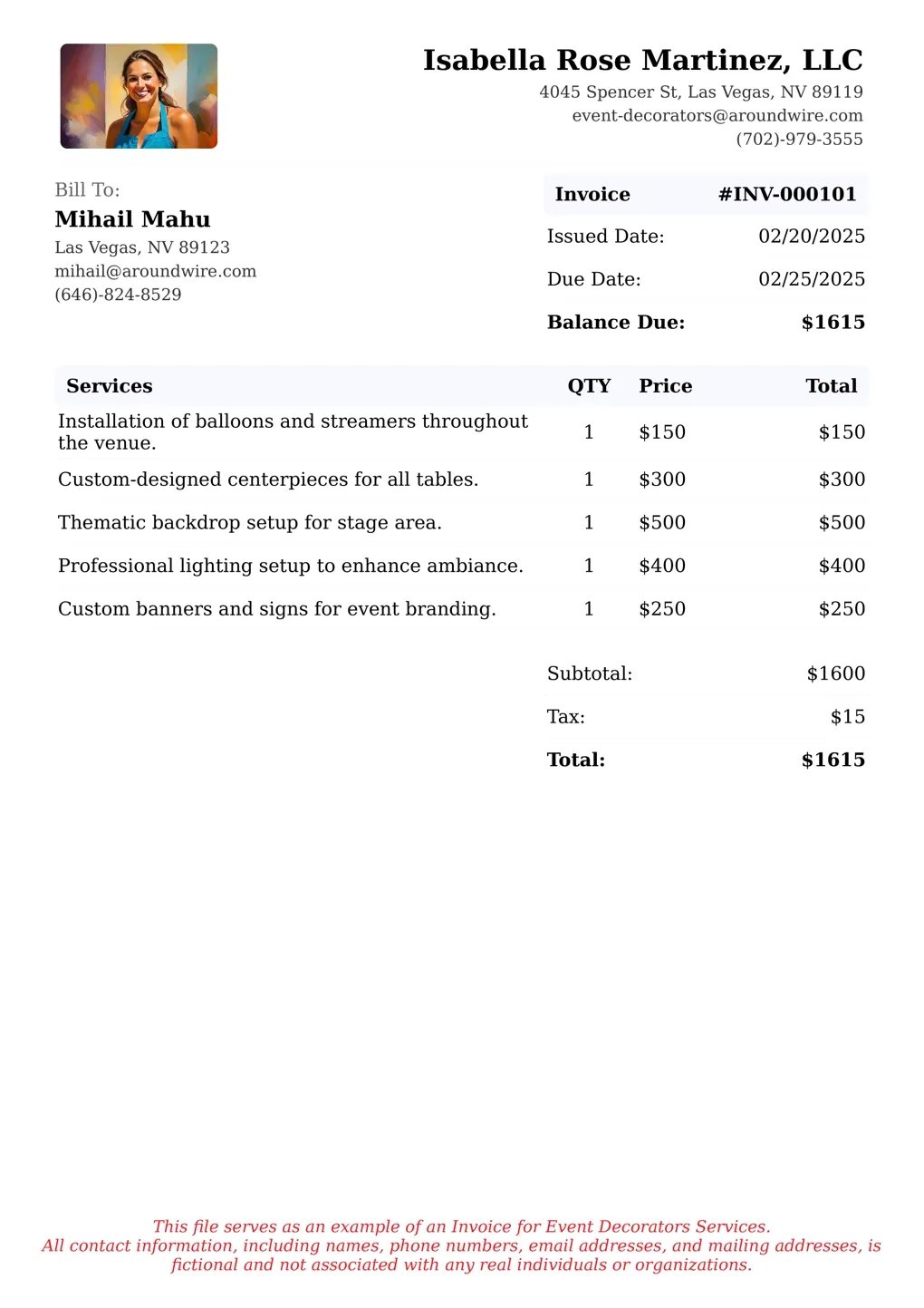 Sample of a Event Decorators services invoice