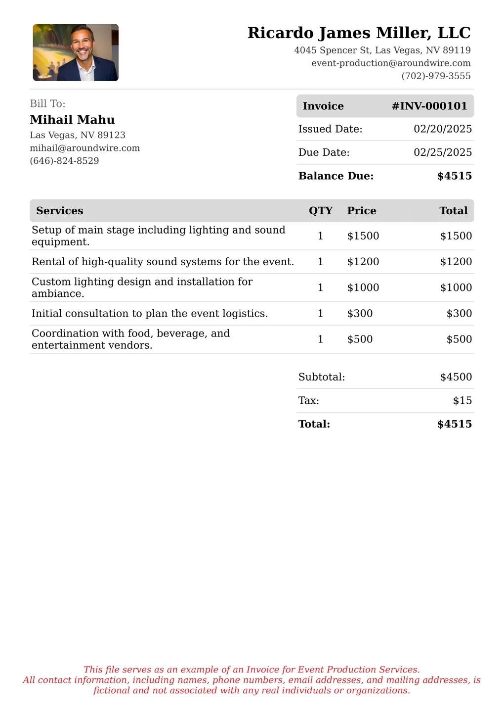 Sample of a Event Production services invoice