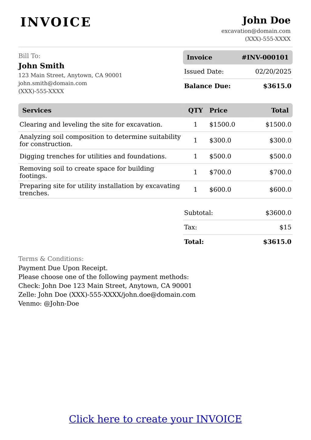 Sample of a Excavation services invoice