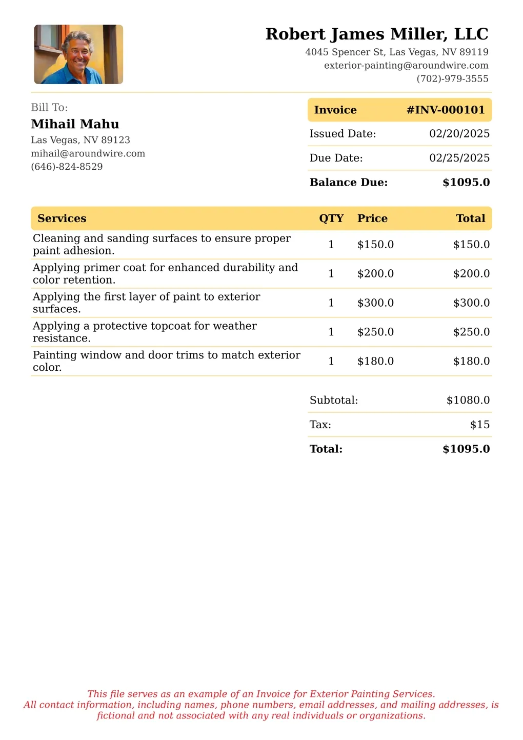 Sample of a Exterior Painting services invoice
