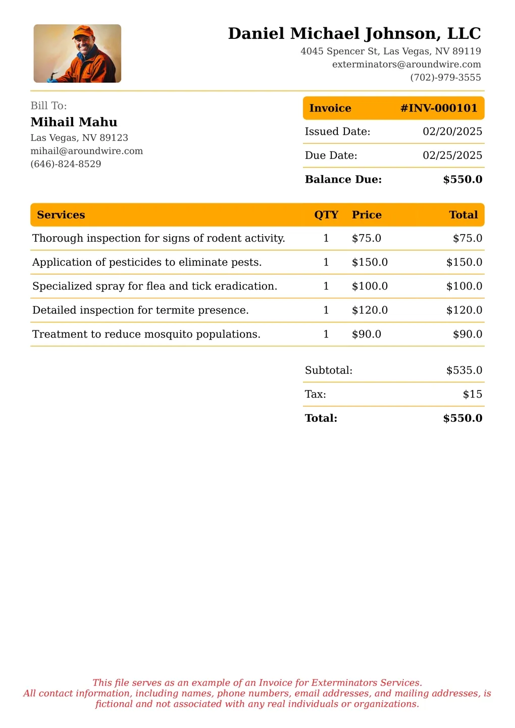 Sample of a Exterminators services invoice