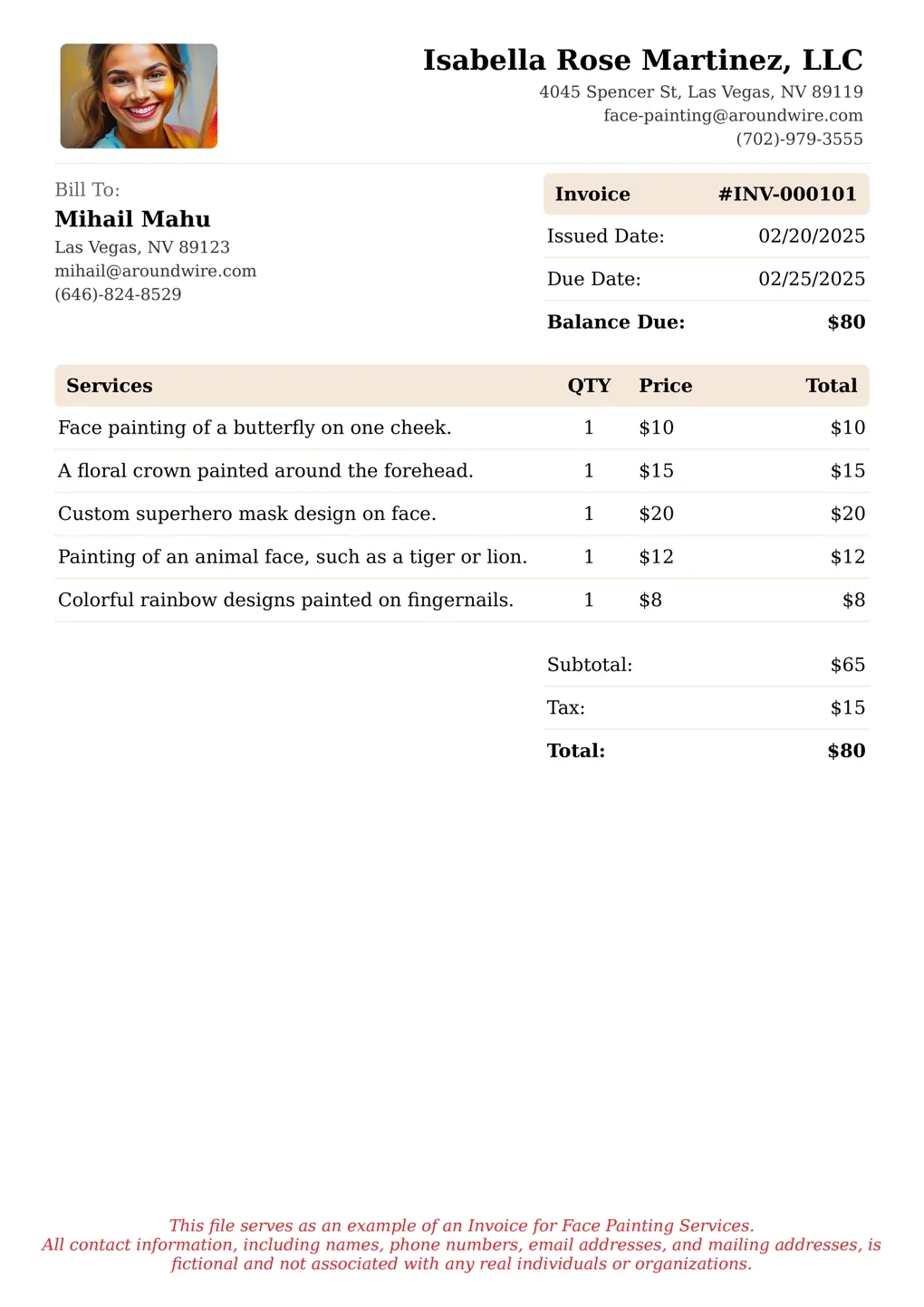 Sample of a Face Painting services invoice