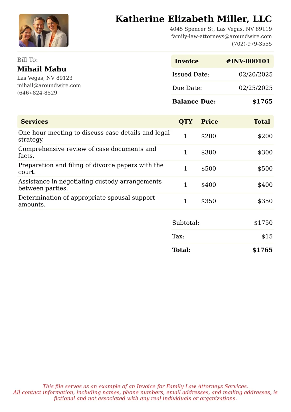 Sample of a Family Law Attorneys services invoice