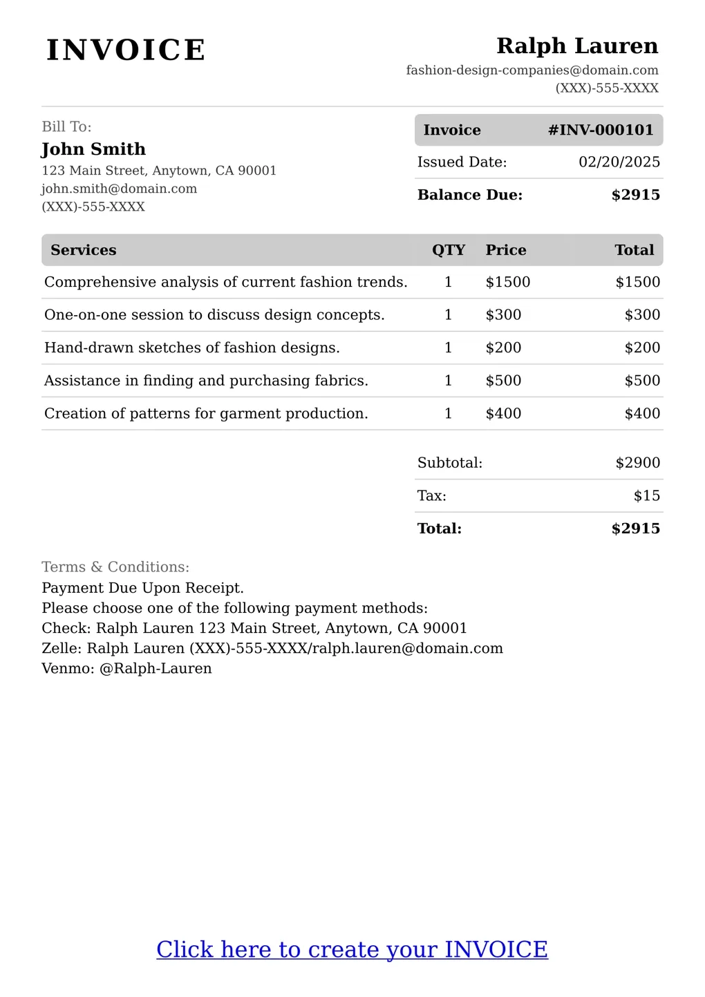 Sample of a Fashion Design Companies services invoice