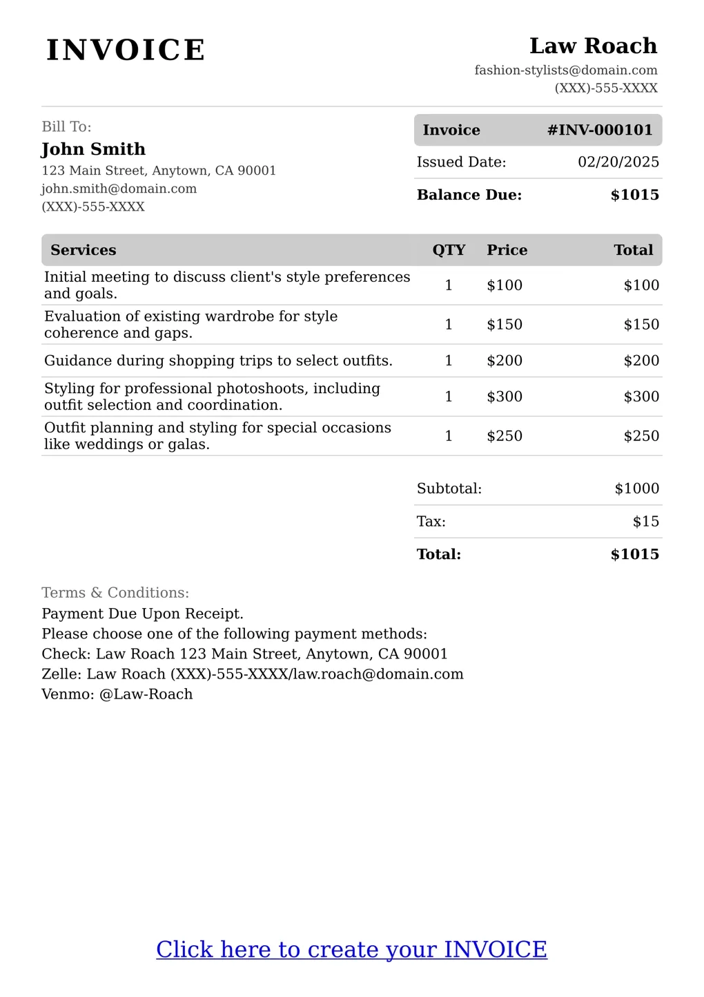 Sample of a Fashion Stylists services invoice