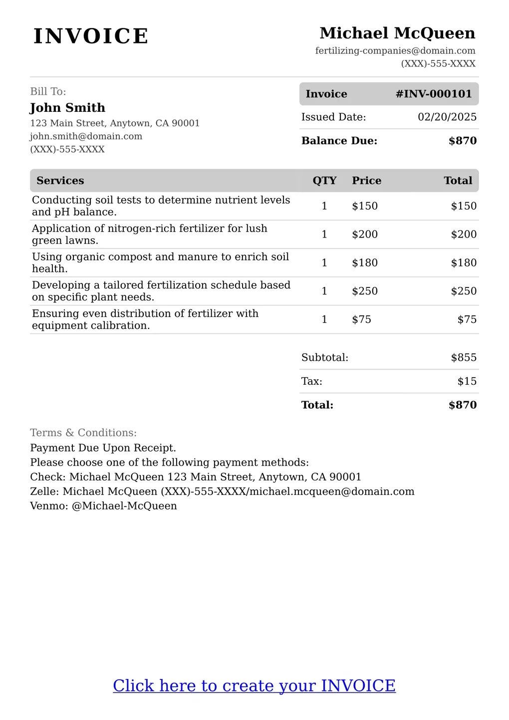 Sample of a Fertilizing Companies services invoice