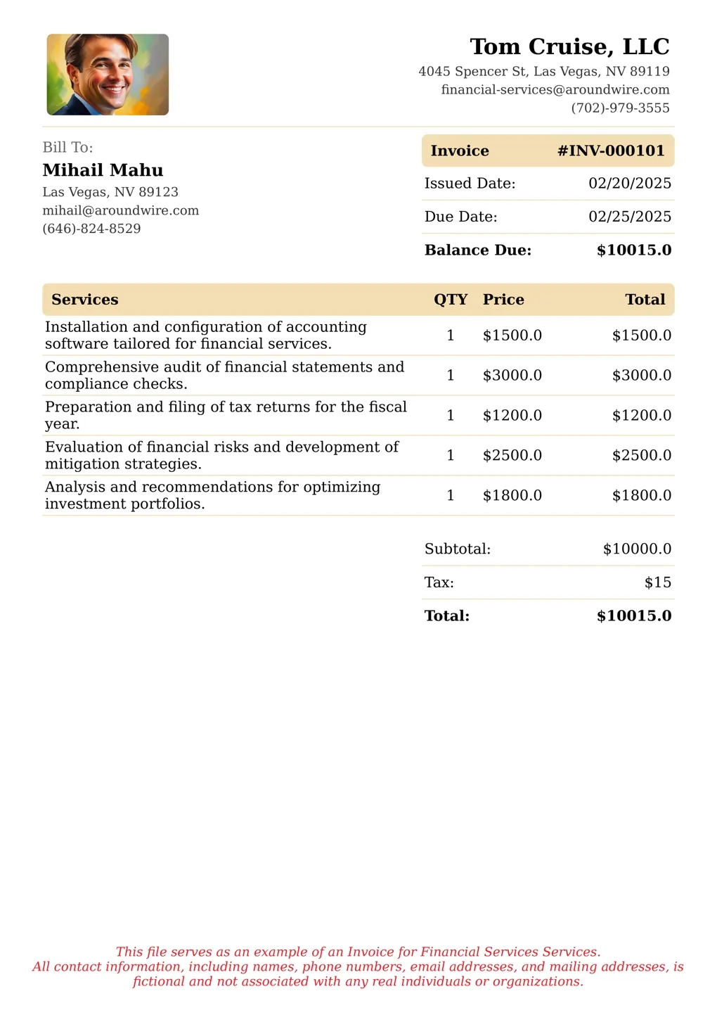 Sample of a Financial Services services invoice
