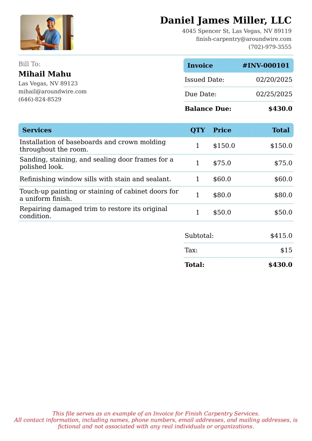 Sample of a Finish Carpentry services invoice