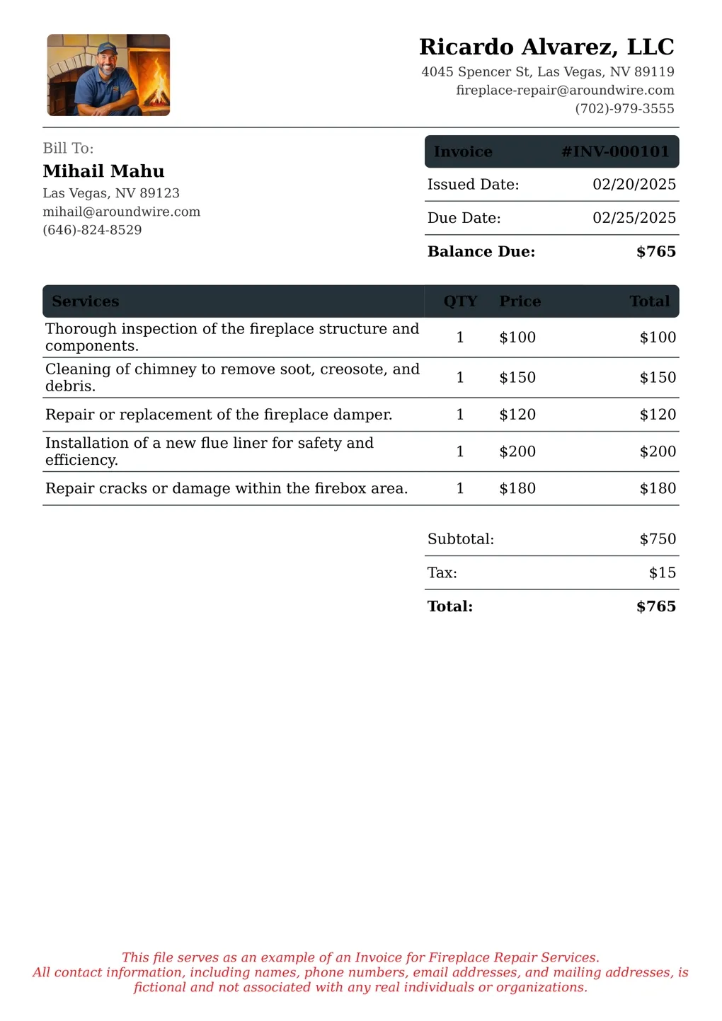 Sample of a Fireplace Repair services invoice
