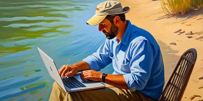 Fishing Guides professional working at a laptop