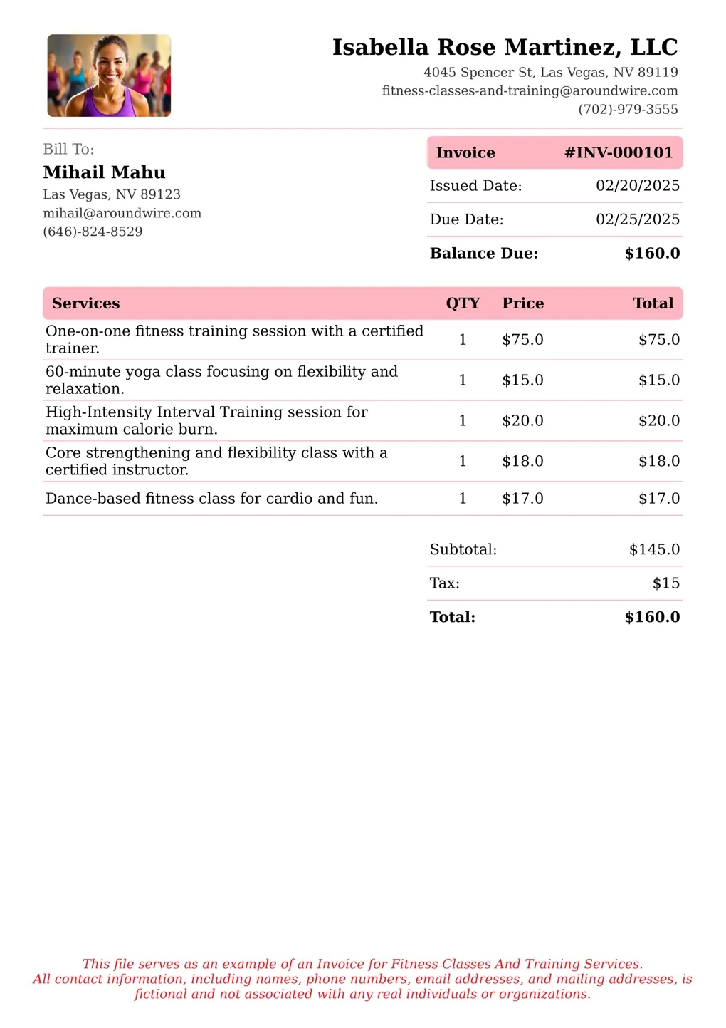 Sample of a Fitness Classes And Training services invoice