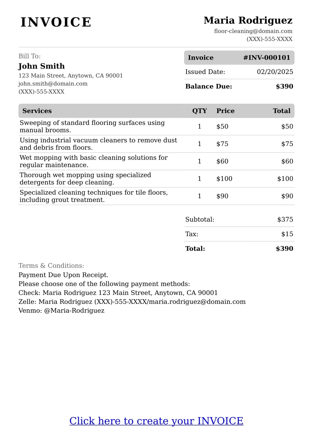 Sample of a Floor Cleaning services invoice