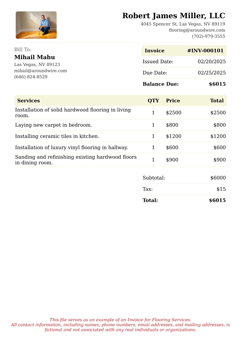 Sample of a Flooring services invoice
