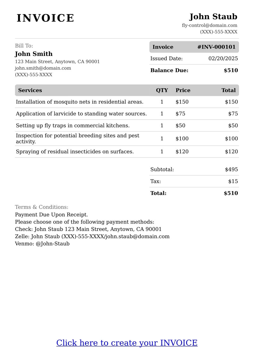 Sample of a Fly Control services invoice