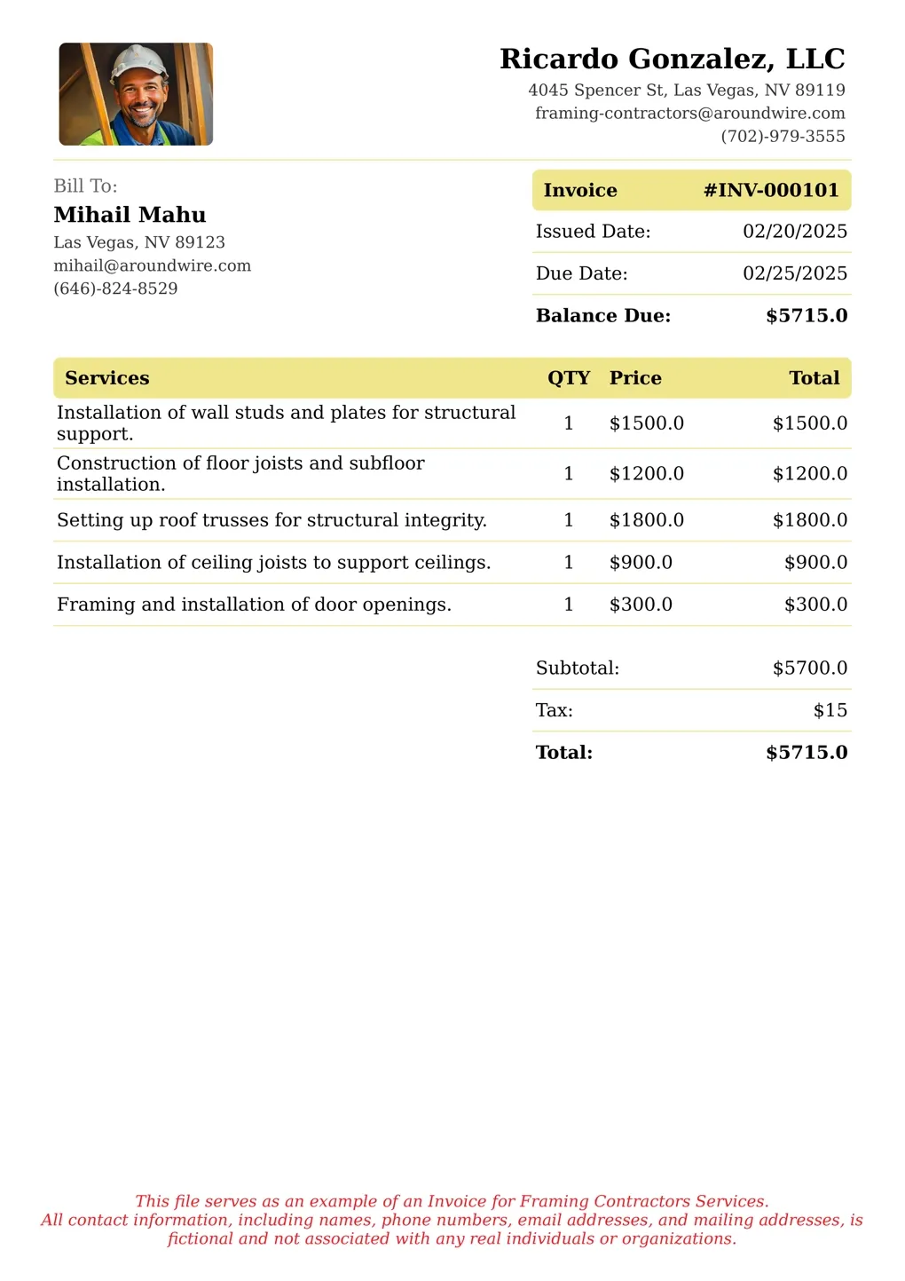 Sample of a Framing Contractors services invoice