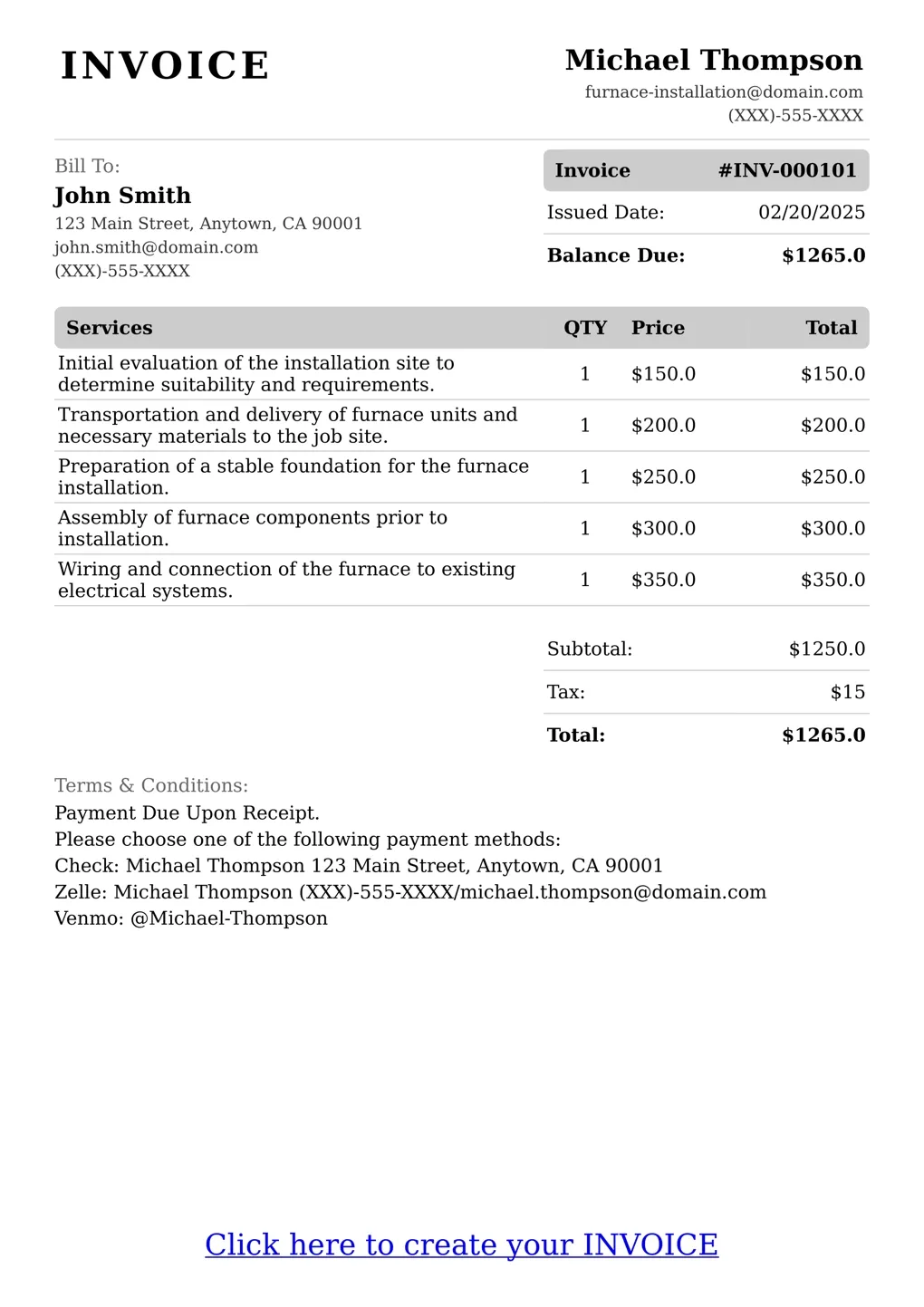 Sample of a Furnace Installation services invoice