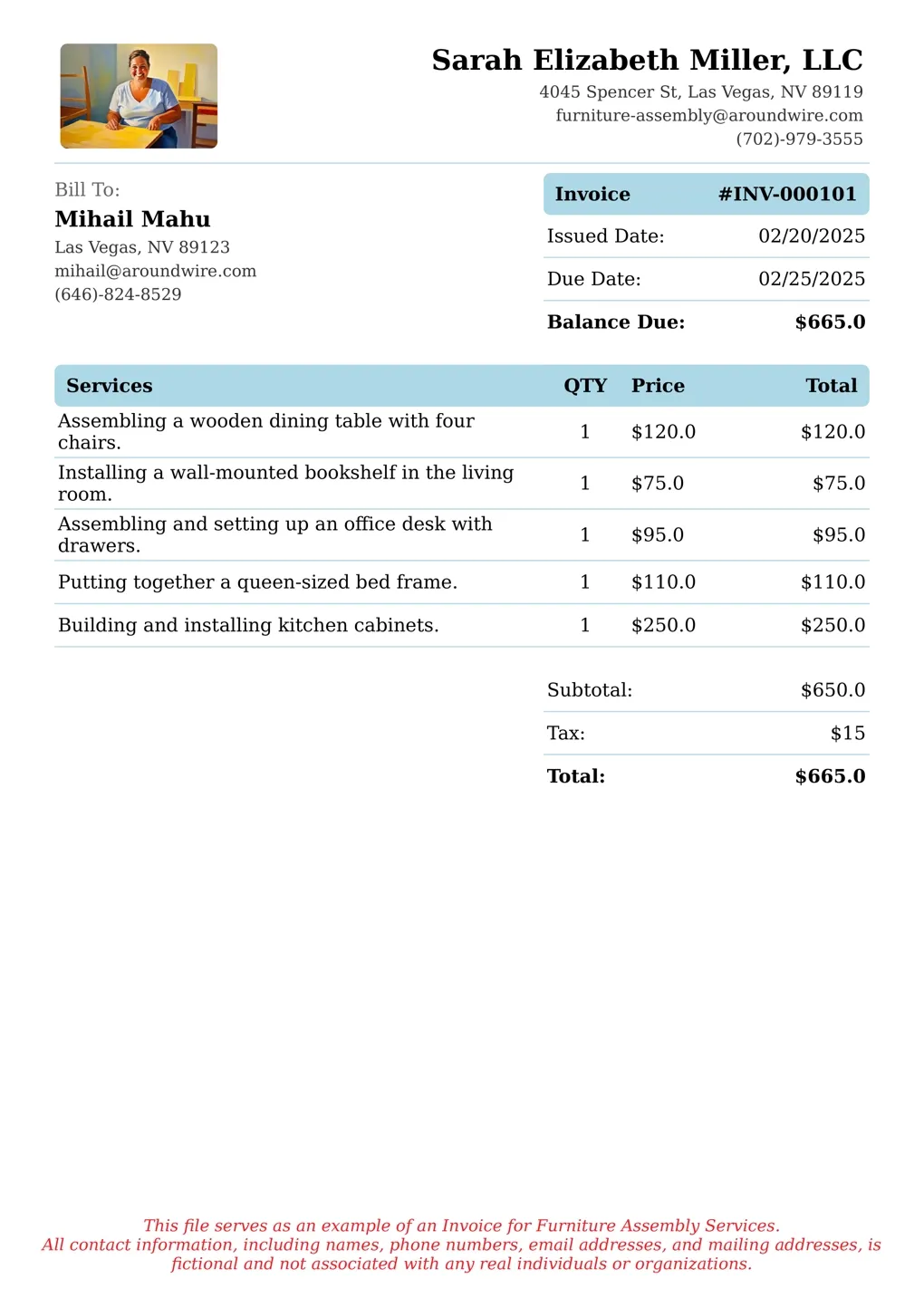 Sample of a Furniture Assembly services invoice
