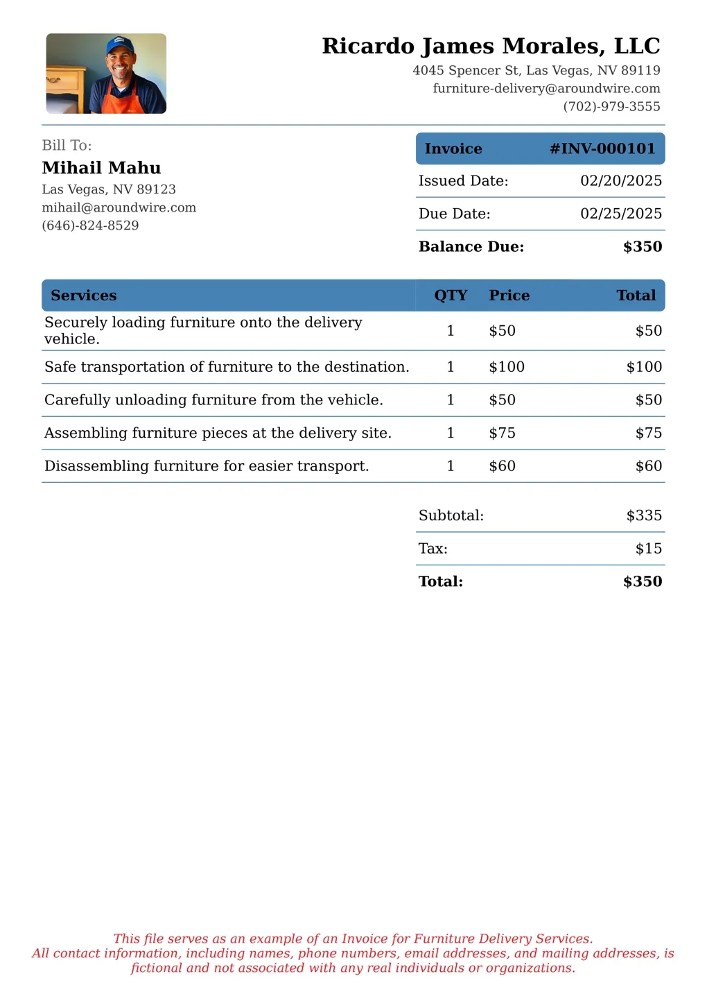 Sample of a Furniture Delivery services invoice