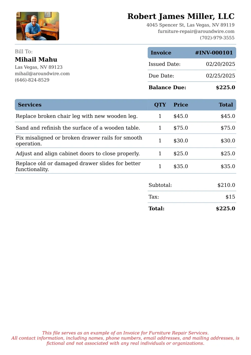 Sample of a Furniture Repair services invoice