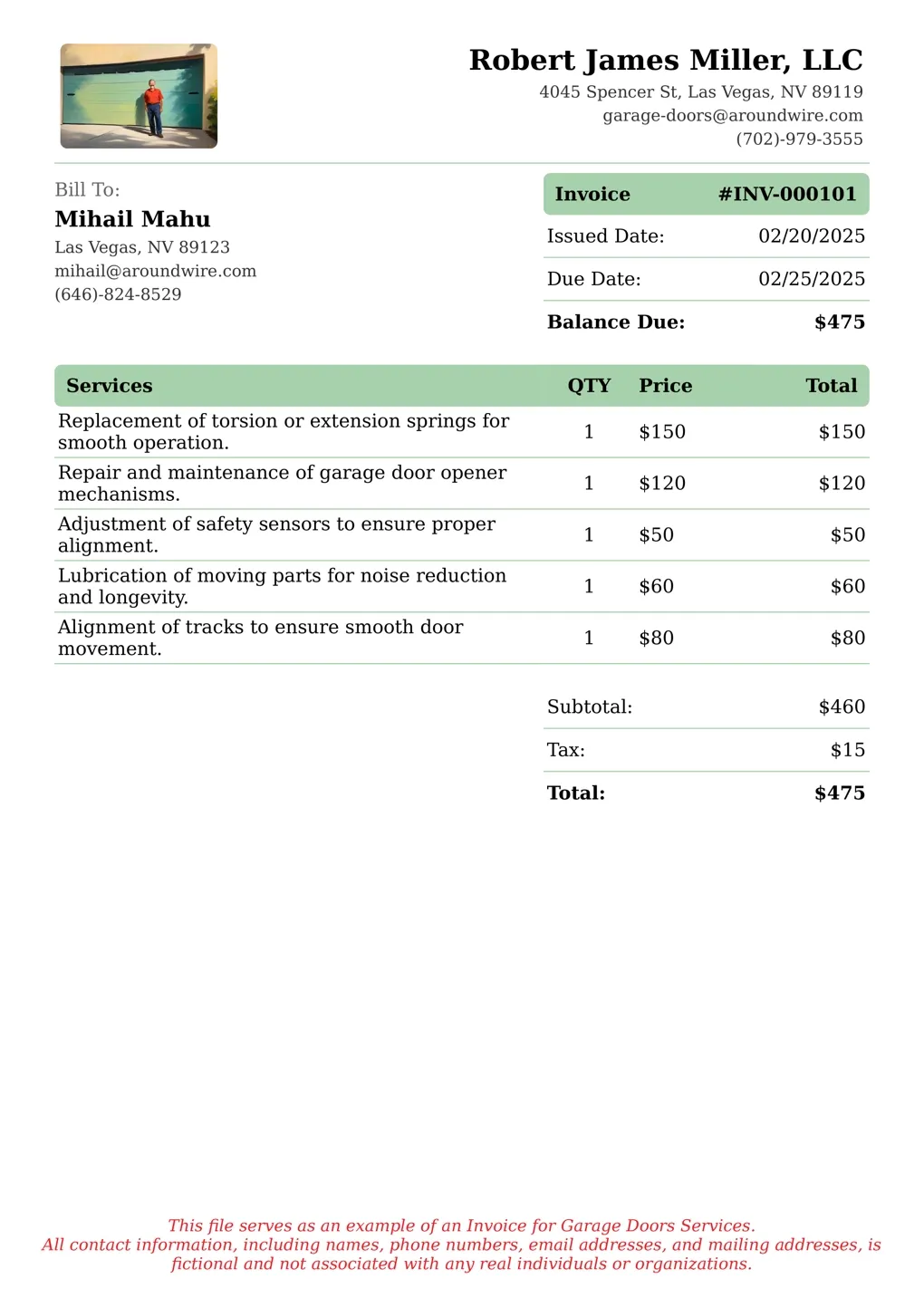Sample of a Garage Doors services invoice