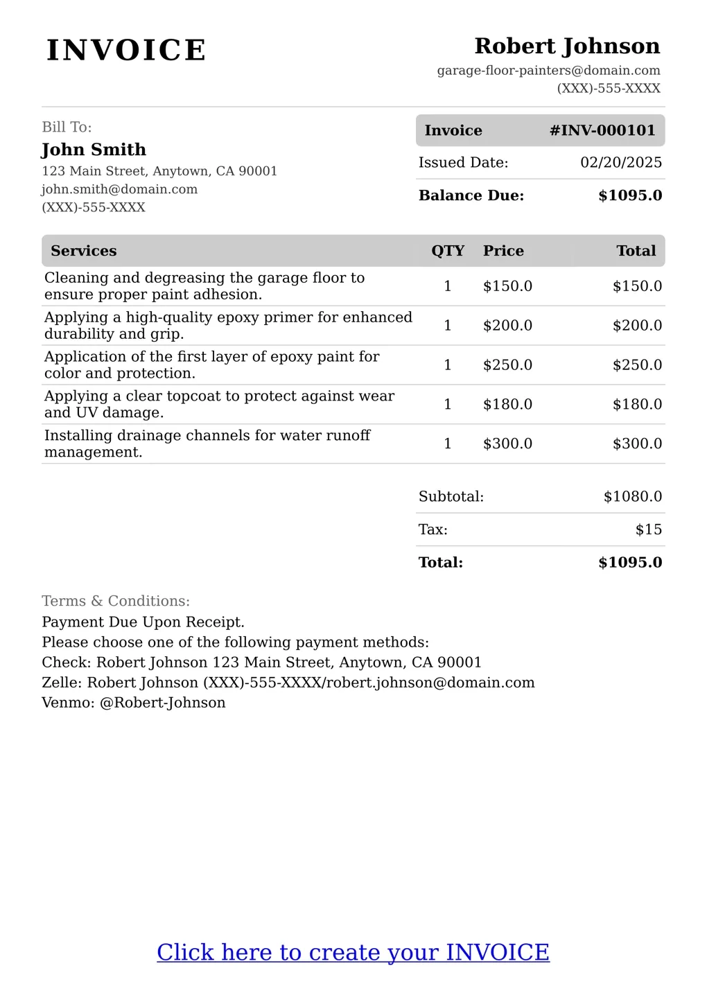 Sample of a Garage Floor Painters services invoice