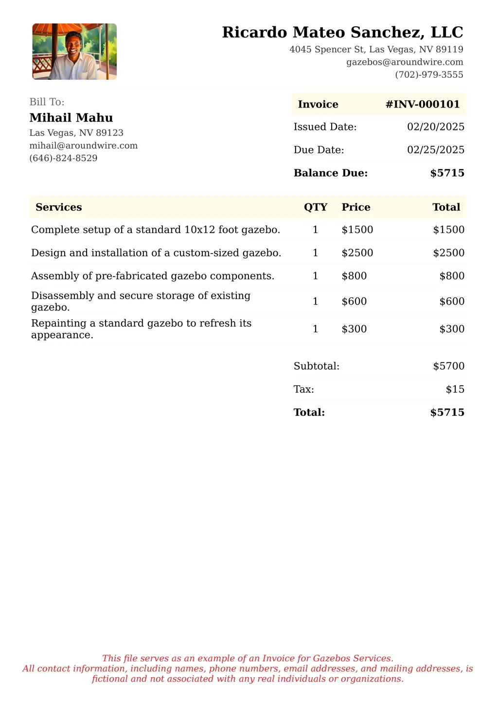 Sample of a Gazebos services invoice