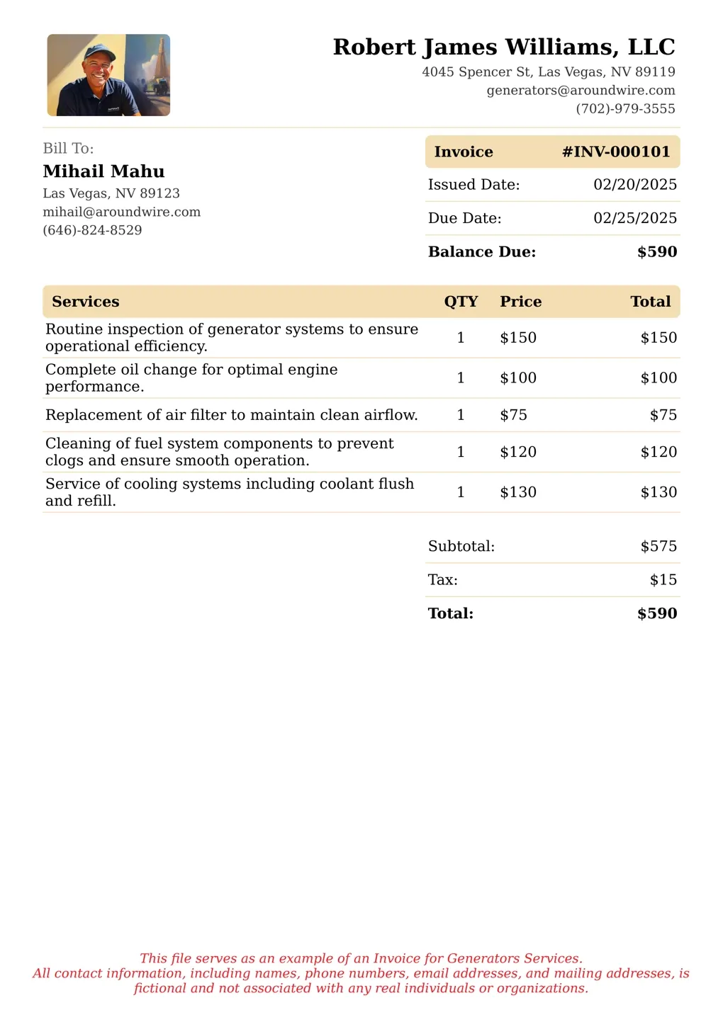 Sample of a Generators services invoice