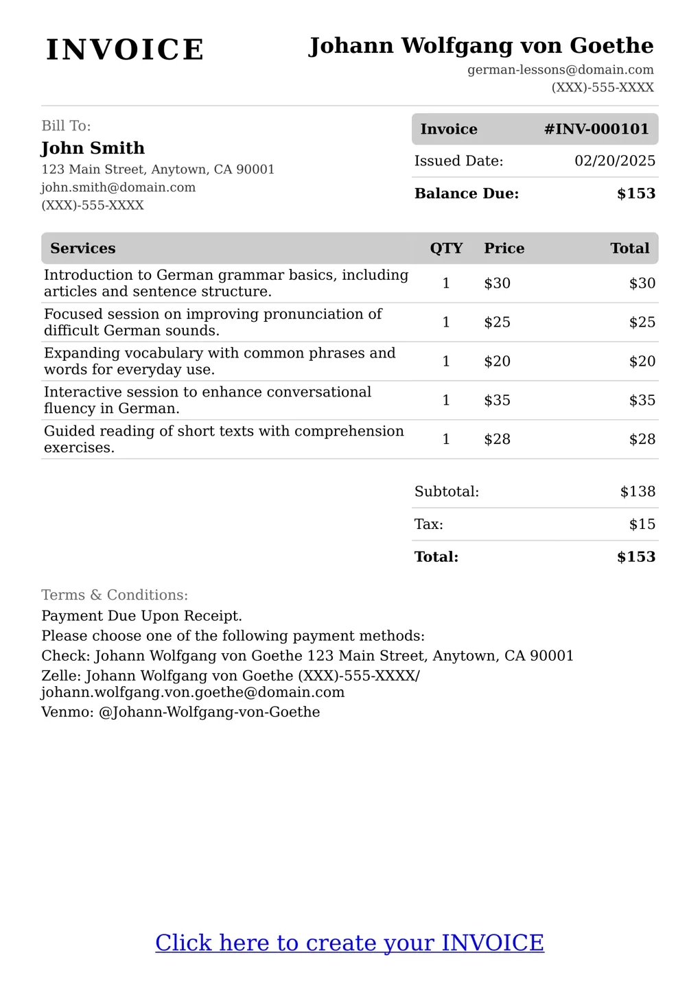 Sample of a German Lessons services invoice