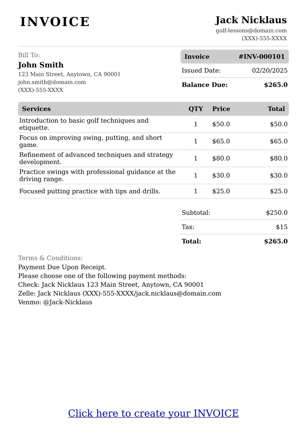 Sample of a Golf Lessons services invoice