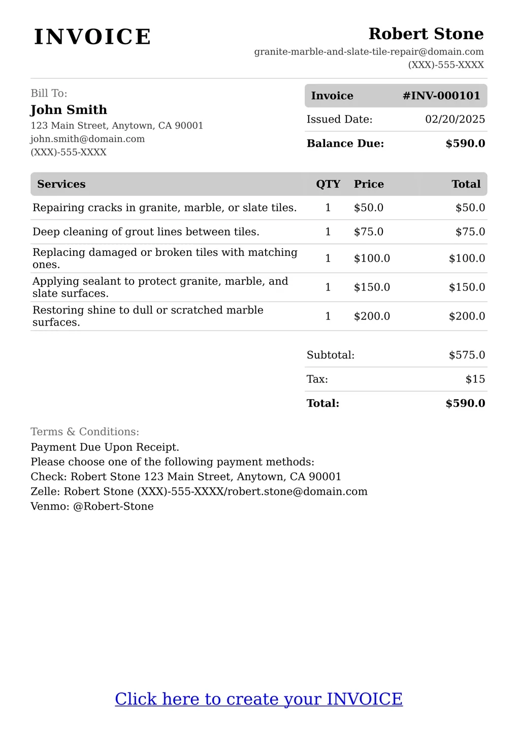 Sample of a Granite Marble And Slate Tile Repair services invoice