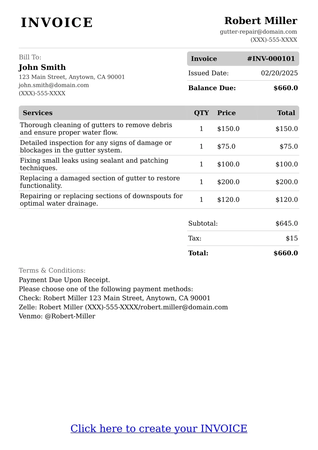 Sample of a Gutter Repair services invoice