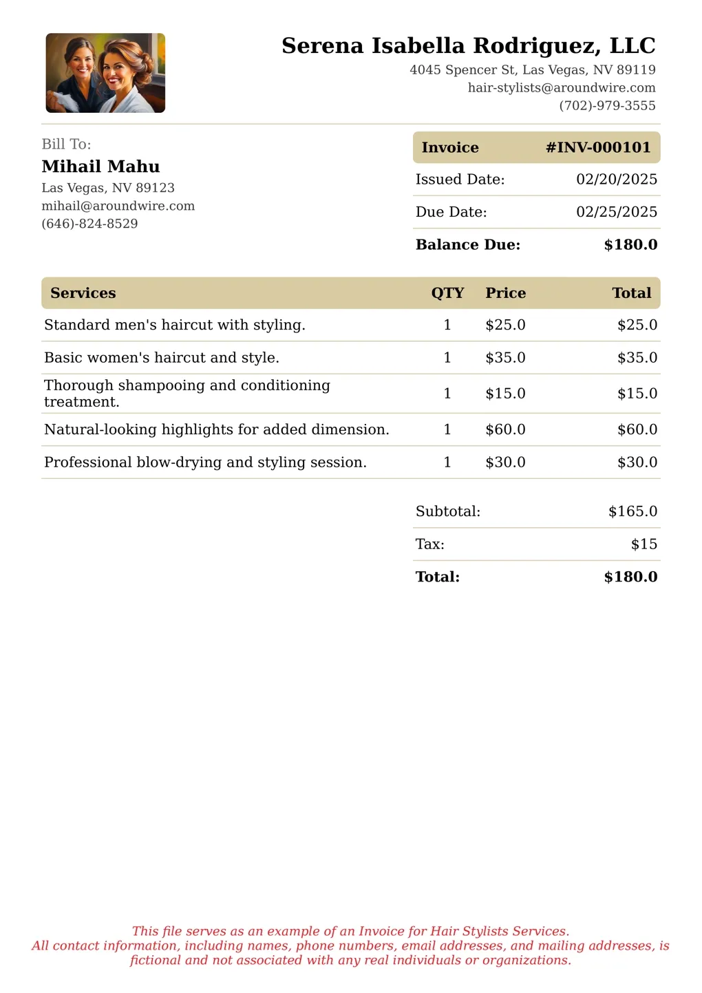 Sample of a Hair Stylists services invoice