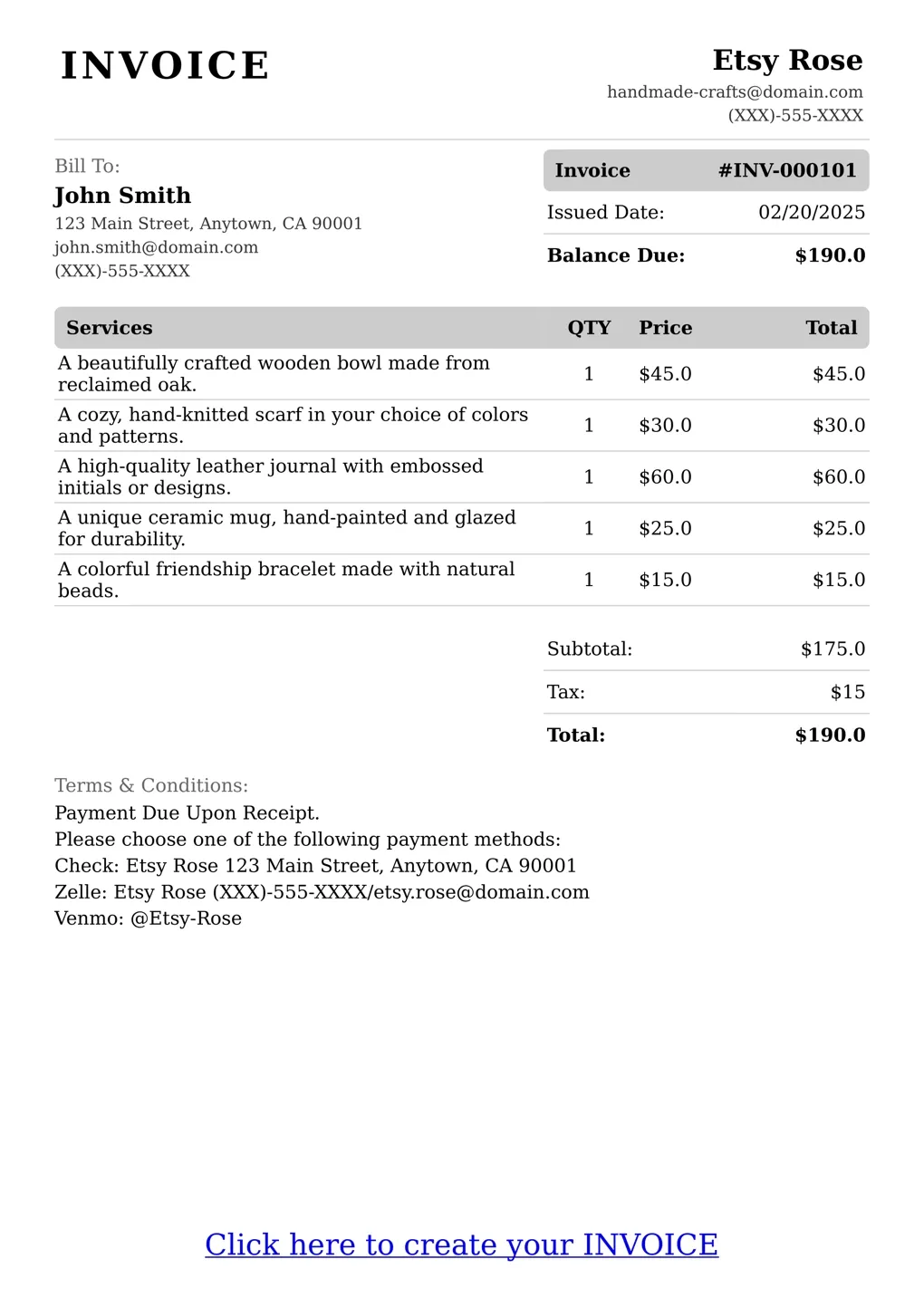 Sample of a Handmade Crafts services invoice
