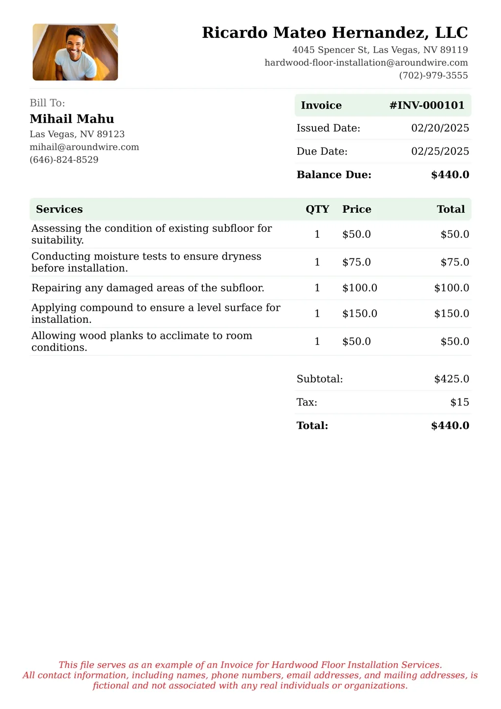 Sample of a Hardwood Floor Installation services invoice
