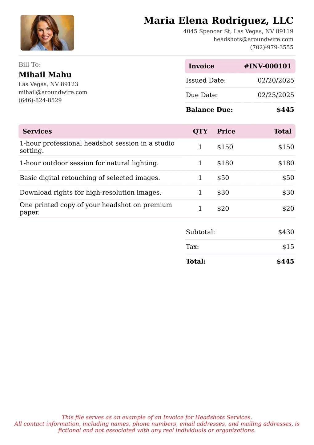 Sample of a Headshots services invoice